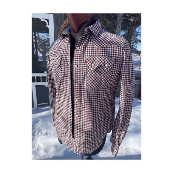 1980s Levi's Western Shirt Little e Black Orange Check Pearl Snap Sawtooth Pocke - Picture 1 of 10